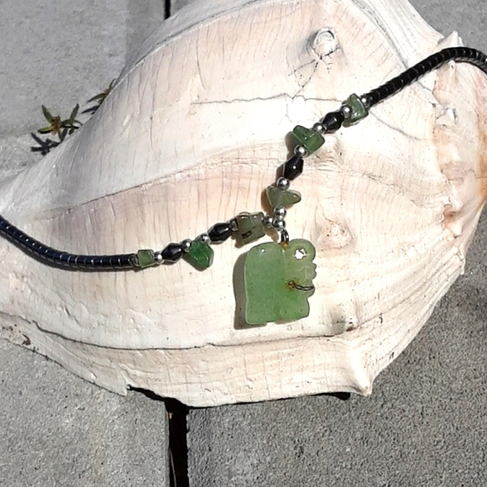 Vintage Carved Jade Elephant Hematite Necklace